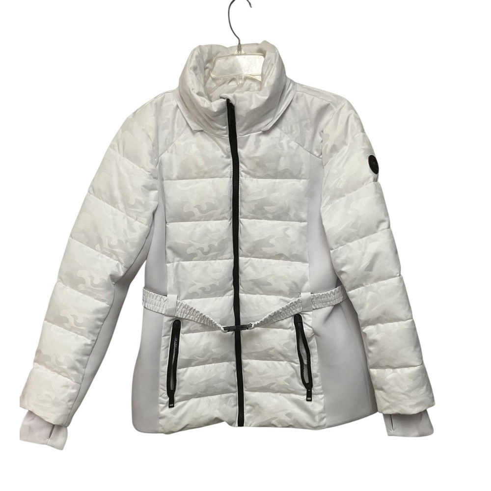 Michael Kors Puffer Jacket Detachable Hood MK Belt Camo White Faux Fur Trim Logo - Picture 2 of 14